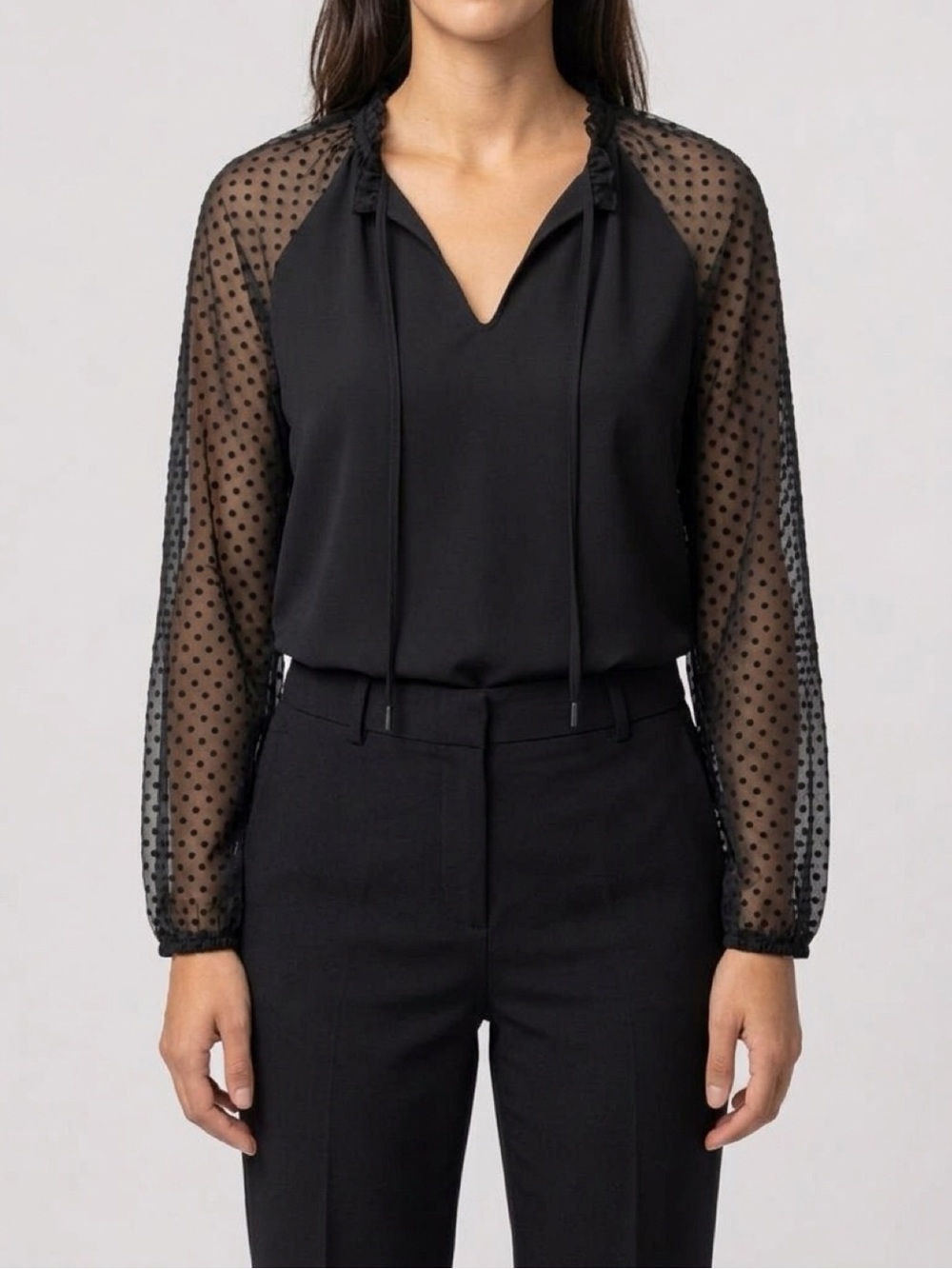 NWT Anne Klein Black V-Neck Blouse with Sheer Polka-Dot Sleeves